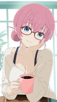 Rule 34 | 1girl, awaco ruku, blue eyes, bocchi the rock!, bra strap, breasts, cleavage, closed mouth, coffee, coffee mug, collarbone, commentary request, cup, dress, elbow rest, glasses, gotoh michiyo, grey dress, hand on own face, head rest, head tilt, highres, holding, holding cup, large breasts, light blush, long sleeves, looking at viewer, mature female, mug, pink hair, red-framed eyewear, short hair, smile, solo, sweater, sweater dress