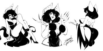 1girl 2023 absurdres animal_ears artist_name ass back bare_arms bare_legs bat_ears bat_girl black_dress black_eyeshadow black_hair black_lips black_shoes breasts cleavage_cutout clothing_cutout commentary dated dress english_commentary eva_(semlgrim) eyeshadow female_focus fingernails floating_hair from_behind full_body half-closed_eyes hands_up high_heels highres large_breasts long_fingernails looking_at_viewer makeup mole mole_under_eye monochrome monster_girl multiple_views open_mouth original pointy_nose red_background seductive_smile semlgrim sharp_fingernails sharp_teeth shoes shoulder_blades side_slit simple_background sittingc smile teeth wings