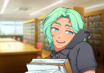 1boy 74000000star :d absurdres black_shirt book cellphone_charm charm_(object) collared_shirt commentary cove_holden dolphin english_commentary green_eyes green_hair grin highres holding holding_book indoors library male_focus official_art_inset official_style omniscient_reader's_viewpoint open_mouth our_life our_life:_beginnings_and_always paperclip parody shirt short_hair smile solo talking_on_phone teeth upper_body upper_teeth_only