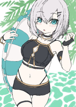 1girl :o arm_strap ars_almal beach bike_shorts bikini black_bikini black_choker black_gloves black_shorts blue_eyes blush breasts choker cleavage cleavage_cutout clothing_cutout cowboy_shot crop_top fingerless_gloves gloves gold_trim grey_hair hair_ornament hairclip highres holding holding_swim_ring innertube looking_at_viewer medium_breasts midriff navel nijisanji ocean palm_tree parallel_hairclips short_hair short_shorts shorts simple_background single_glove sleeveless spaghetti_strap swim_ring swimsuit tatami_kami thigh_strap thighs tree virtual_youtuber water