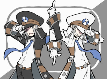 2boys arm_up belt black_coat black_hat black_pants blue_necktie brothers brown_belt coat cowboy_shot emmet_(pokemon) gloves grey_eyes grey_hair hat highres index_finger_raised ingo_(pokemon) locked_arms male_focus matching_outfits multiple_boys necktie nintendo open_mouth pants peaked_cap pokemon pokemon_bw sach56000 siblings twins white_coat white_gloves white_hat white_necktie white_pants