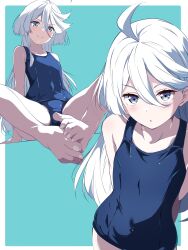Rule 34 | 1girl, ahoge, barefoot, blue eyes, blue one-piece swimsuit, borgbutler, gundam, gundam suisei no majo, highres, long hair, miorine rembran, one-piece swimsuit, school swimsuit, simple background, smile, swimsuit, white hair