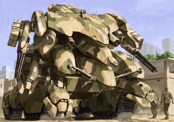 apartment blurry blurry_background building camouflage caterpillar_tracks commentary_request gatling_gun highres mecha military military_vehicle missile_pod original outdoors robot science_fiction tyokugekidato woodland_camouflage