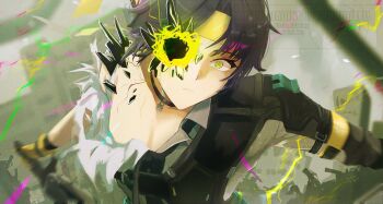 1boy armor asaba_harumasa black_choker black_hair black_necktie choker collarbone commentary ethereal_(zenless_zone_zero) headband highres holding holding_weapon male_focus necktie outdoors pectorals pendant_choker piyansuke ruins shirt short_hair shoulder_armor solo symbol-only_commentary torn_clothes torn_shirt transformation upper_body weapon white_shirt yellow_eyes yellow_headband zenless_zone_zero