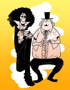 Rule 34 | 2boys, afro, ascot, beard stubble, blush stickers, brook (one piece), commentary request, cup, facial hair, full body, greyscale with colored background, hat, holding, holding cup, invisible chair, male focus, multiple boys, one piece, sitting, stubble, sunglasses, tomatop, yellow background