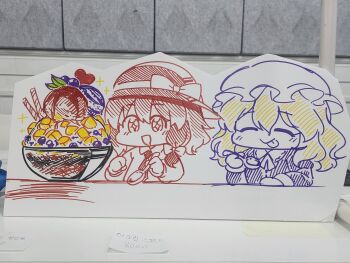 Rule 34 | 2girls, :p, blonde hair, bow, bowl, check commentary, check food, closed eyes, collared dress, collared shirt, commentary request, dress, drooling, food, food request, fruit, hair bow, hat, hat bow, heart, highres, holding, holding spoon, kaoling, long sleeves, maribel hearn, marker (medium), medium hair, mob cap, mouth drool, multiple girls, neck ribbon, necktie, photo (medium), ribbon, shirt, sorbet, sparkle, spoon, star-shaped pupils, star (symbol), symbol-shaped pupils, tongue, tongue out, touhou, traditional media, upper body, usami renko