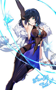 Rule 34 | 1girl, absurdres, arm up, armpits, artist name, backless bodysuit, backless dress, backless outfit, blunt bangs, bodysuit, breasts, cen (cenll), chinese commentary, commentary request, dated, dice, dress, earrings, fingerless gloves, fur-trimmed jacket, fur trim, genshin impact, gloves, gradient hair, green eyes, halter dress, halterneck, high heels, highres, jacket, jewelry, multicolored hair, purple lips, revision, short hair, smile, solo, white background, white gloves, yelan (genshin impact)