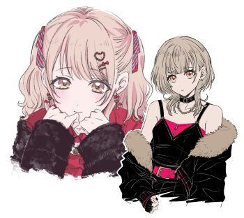 Rule 34 | 1girl, azusawa kohane, belt, belt buckle, belt collar, black belt, black gloves, black jacket, black nails, blush, brown eyes, brown hair, buckle, clenched hands, closed mouth, collar, cropped torso, ear piercing, earrings, fingerless gloves, fingernails, fur trim, gloves, hair ornament, hairclip, hands up, highres, jacket, jewelry, layered clothes, llli illli illl, long sleeves, looking at viewer, multiple views, nail polish, official alternate costume, official alternate hairstyle, open clothes, open jacket, over rad squad!! (project sekai), piercing, pink belt, project sekai, simple background, smile, take the best shot! (project sekai), white background, wolf cut