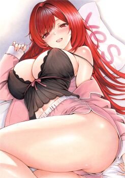 1girl :d absurdres armpit_crease ass blush breasts cleavage commentary_request goddess_of_victory:_nikke highres large_breasts long_hair looking_at_viewer lying midriff navel off_shoulder official_alternate_costume on_back open_mouth rapi_(nikke) rapi_(red_hood)_(cherished_red)_(nikke) rapi_(red_hood)_(nikke) red_eyes red_hair short_shorts shorts sleepwear smile solo strap_slip thighs very_long_hair yes yes-no_pillow yosaku_vs_hina