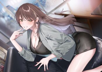 1girl absurdres black_dress blurry blurry_background blush bookshelf bra bra_visible_through_clothes breasts brown_hair chair dress earrings green_eyes green_jacket grin hair_ornament hairclip highres indoors jacket jewelry kakao_(chocolate_land) large_breasts long_hair long_sleeves looking_at_viewer multicolored_hair necklace original purple_hair sitting smile solo stud_earrings table thighs two-tone_hair underwear window