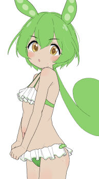 1girl :o bikini blush commentary_request frilled_bikini frills green_bikini green_hair highres loli looking_at_viewer navel solo standing stomach sweat swimsuit takku thighs voiceroid white_bikini zundamon