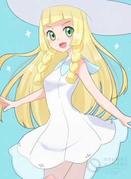 1girl :d aoneko4ao_(edwf7745) aqua_background blonde_hair collared_dress commentary_request dress eyelashes green_eyes happy hat highres lillie_(pokemon) long_hair looking_at_viewer nintendo open_mouth pokemon pokemon_sm sleeveless sleeveless_dress smile solo sparkle sun_hat watermark white_dress white_hat
