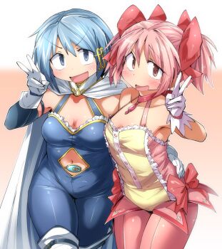 2girls adapted_costume blue_eyes blue_hair blue_overalls blue_sleeves blush bow breasts cape choker cleavage clothing_cutout commentary cowboy_shot detached_sleeves fortissimo gloves hair_bow kaname_madoka looking_at_viewer mahou_shoujo_madoka_magica mahou_shoujo_madoka_magica_(anime) medium_breasts miki_sayaka multiple_girls navel navel_cutout open_mouth overalls pink_bow pink_choker pink_eyes pink_hair pink_overalls shimizu_pem short_hair small_breasts smile symbol-only_commentary v white_background white_cape white_gloves