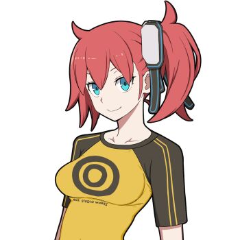 1girl aiba_ami ayu_(ddestiny944) black_shirt blue_eyes breasts closed_mouth collarbone commentary_request digimon digimon_story:_cyber_sleuth goggles goggles_on_head highres long_hair medium_breasts print_shirt red_hair shirt side_ponytail simple_background smile solo upper_body white_background yellow_shirt