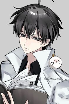 1boy ahoge artist_request biyoo_(omniscient_reader&#039;s_viewpoint) black_eyes black_hair black_shirt book coat collared_shirt commission expressionless head_tilt holding holding_book kim_dokja male_focus omniscient_reader&#039;s_viewpoint open_book open_clothes open_coat popped_collar second-party_source shirt short_hair upper_body white_coat