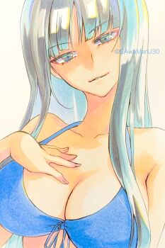 1girl bikini blue_bikini breasts brown_eyes brown_hair clenched_teeth girls_und_panzer hand_on_own_chest highres hime_cut large_breasts long_hair looking_at_viewer mature_female nishizumi_shiho parted_lips sawamaru30 simple_background solo straight_hair swimsuit teeth twitter_username white_background