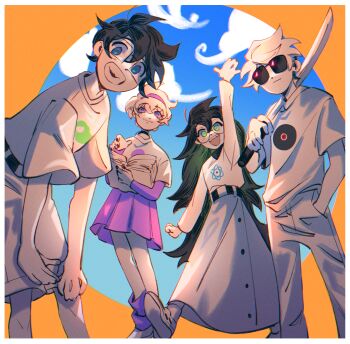 2boys 2girls absurdres black_hair blue_eyes blue_sky book border closed_mouth cloud colored_skin cyani07 dave_strider day from_below glasses green_eyes hand_in_pocket hand_up headband highres holding holding_book holding_sword holding_weapon homestuck jade_harley john_egbert layered_sleeves leaning_forward leg_warmers long_hair long_skirt long_sleeves medium_skirt messy_hair multiple_boys multiple_girls open_book open_mouth pants pleated_skirt purple_eyes purple_headband purple_shirt purple_skirt rose_lalonde shirt short_hair short_over_long_sleeves short_sleeves shorts skirt sky smile standing sunglasses sword t-shirt weapon white_border white_footwear white_hair white_pants white_shirt white_shorts white_skin white_skirt yellow_background