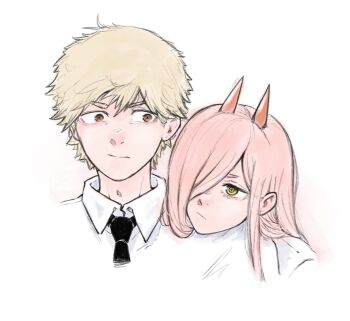 1boy 1girl absurdres black_necktie brown_eyes chainsaw_man closed_mouth collared_shirt cross-shaped_pupils demon_girl demon_horns denji_(chainsaw_man) hair_over_one_eye highres horns long_hair neas57 necktie pink_hair power_(chainsaw_man) red_horns shirt short_hair symbol-shaped_pupils white_background white_shirt yellow_eyes