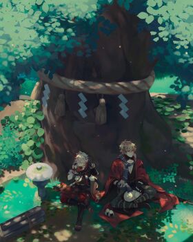 2boys antenna_hair armor artist_name asymmetrical_sleeves bandaged_arm bandages bead_bracelet beads belt black_belt black_footwear black_gloves black_kimono black_scarf blonde_hair blue_scarf bracelet brown_shorts bush cat chest_belt cleavage_cutout closed_eyes closed_mouth clothing_cutout coat collarbone commentary crossed_bangs dappled_sunlight day dirt english_commentary fingerless_gloves food genshin_impact gloves grass grey_pants hair_between_eyes hakama hakama_shorts hands_up haori high_ponytail highres holding holding_food holding_leaf japanese_armor japanese_clothes jewelry kaedehara_kazuha katana kazuha's_friend_(genshin_impact) kimono kuro_lee leaf leaf_flute leaf_print long_hair long_sleeves looking_up low_ponytail male_focus maple_leaf_print mismatched_sleeves multicolored_hair multiple_boys on_ground onigiri open_clothes open_coat outdoors pants pantyhose pectoral_cleavage pectorals pom_pom_(clothes) ponytail purple_eyes red_coat red_hair red_pantyhose red_scarf rock rope sandals scarf shade shide shimenawa short_sleeves shorts shoulder_armor sidelocks single_sode sitting smile sode stone_lantern streaked_hair sunlight sword tassel tree twitter_username under_tree weapon white_cat white_hair white_kimono wide_sleeves