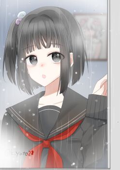 :o amemori_sayo black_eyes black_hair black_sailor_collar collarbone commentary_request highres indoors nijisanji open_mouth pale_skin rain sailor sailor_collar sakura_yuto side_ponytail straight_hair upper_body water_drop window