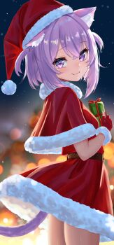 Rule 34 | 1girl, absurdres, ahoge, animal ears, blurry, blurry background, capelet, cat ears, cat girl, cat tail, closed mouth, commentary, crossed bangs, double-parted bangs, dress, earrings, from side, fur-trimmed capelet, fur-trimmed dress, fur-trimmed gloves, fur-trimmed headwear, fur trim, gift, gloves, hair between eyes, hat, highres, holding, holding gift, hololive, jewelry, looking at viewer, maverick (mvk022), nekomata okayu, night, outdoors, pom pom (clothes), purple eyes, purple hair, red capelet, red dress, red gloves, red hat, santa costume, santa dress, santa hat, short hair, smile, solo, standing, tail, tail under clothes, two side up, virtual youtuber