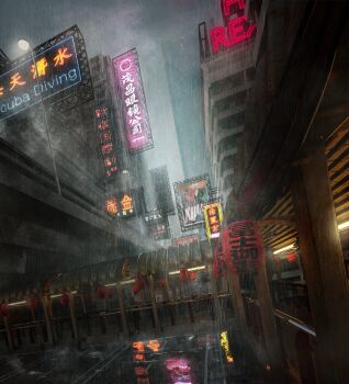 absurdres building cityscape commentary_request highres lamppost neon_sign no_humans original outdoors overcast rain scenery sky skyscraper translation_request wall_lamp yamadera_kei