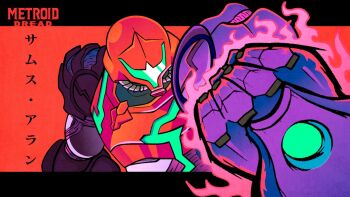1girl armor assault_visor clenched_hand commentary copyright_name english_commentary glowing glowing_hand gravity_suit_(metroid) highres metroid metroid_dread ngz0ne nintendo power_armor power_suit_(metroid) purple_armor red_background samus_aran two-tone_armor two-tone_background