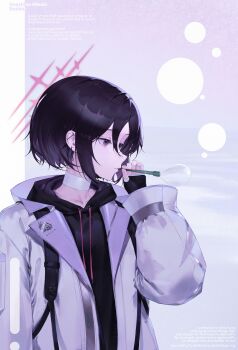 14yuruis 1girl absurdres bandaged_neck bandages black_hair black_hoodie blowing_bubbles blue_archive character_name collarbone earrings english_text hashtag-only_commentary highres hood hood_down hoodie jacket jewelry long_sleeves misaki_(blue_archive) purple_eyes purple_jacket short_hair soap_bubbles solo standing