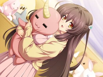 1girl :3 =_= blush breasts brown_eyes brown_hair choker dress dutch_angle game_cg hair_between_eyes hair_intakes hair_ornament hug hugging_doll hugging_object indoors inoino jacket katsuragi_marina kouyoku_senki_exs-tia long_hair long_sleeves looking_at_viewer non-web_source official_art open_mouth orange_eyes pink_choker pink_dress smile solo stuffed_animal stuffed_cat stuffed_dog stuffed_rabbit stuffed_toy variant_set very_long_hair yellow_eyes yellow_jacket