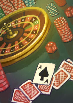 card commentary dice highres indoors no_humans original playing_card poker_chip roulette scenery shikizaki still_life