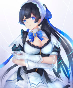1girl apron black_hair blue_bow blue_bowtie blue_eyes blue_gemstone blunt_bangs blunt_ends bow bowtie breasts brooch cleavage cleavage_cutout clothing_cutout commentary_request dress frilled_dress frills gem gloves gradient_background hair_bow highres jewelry large_breasts long_hair looking_at_viewer maid maid_headdress mei_(mugen_gacha) mugen_gacha ponytail puffy_short_sleeves puffy_sleeves short_sleeves sidelocks solo string suterisu white_apron white_background white_dress white_gloves