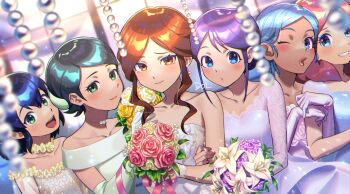 6+girls blue_eyes blue_hair bouquet bride dolustoy dress elbow_gloves flower gloves green_eyes green_hair highres holding holding_bouquet inazuma_eleven inazuma_eleven_(series) kino_aki kudou_fuyuka light_blue_hair long_hair looking_at_viewer multiple_girls one_eye_closed open_mouth orange_eyes orange_hair otonashi_haruna pink_flower pink_hair pink_ribbon pink_rose purple_eyes purple_hair raimon_natsumi ribbon rose strapless strapless_dress urabe_rika wedding_dress white_dress white_flower white_gloves zaizen_touko