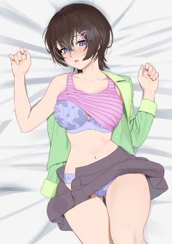 1girl borrowed_character bra breasts brown_hair brown_skirt carlo_montie clothes_lift commentary commission cowboy_shot english_commentary glasses green_jacket hair_ornament hairclip highres jacket large_breasts looking_at_viewer lying navel on_back open_clothes open_skirt original panties parted_lips partially_undressed pink_tank_top purple_bra purple_eyes purple_panties rimless_eyewear round_eyewear shirt_lift short_hair skirt solo tank_top underwear w_arms