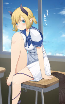 1girl aged_down alternate_hair_length_(shorter) aobara_hairi arm_support barefoot black_horns black_tail blonde_hair blue_eyes blue_sky breast_press breasts buttons classroom closed_mouth commentary demon_horns demon_tail desk double-breasted feet foot_on_table foot_out_of_frame highres hololive horns indoors knee_up large_breasts legs long_legs looking_at_viewer miniskirt on_desk pleated_skirt pointy_ears ponytail sailor_collar school school_desk school_uniform serafuku shirt short_hair short_ponytail short_sleeves sidelocks sitting skirt skirt_set sky sleeve_cuffs smile solo swept_bangs tail thighhighs thighs toenails toes translation_request unaligned_breasts unworn_thighhighs virtual_youtuber white_sailor_collar white_serafuku white_shirt white_skirt window yuzuki_choco