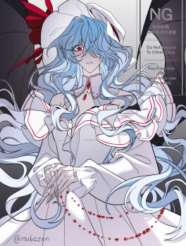1girl absurdres aged_up alternate_costume alternate_hair_length_(longer) bat_wings blue_hair commentary_request dress fingernails frilled_dress frills hair_over_one_eye hat hat_ribbon highres long_fingernails long_hair long_sleeves looking_at_viewer mob_cap nubezon pointy_ears red_eyes remilia_scarlet ribbon sharp_teeth solo teeth touhou twitter_username very_long_fingernails very_long_hair watermark white_dress wings