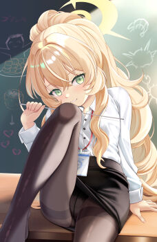 1girl absurdres black_panties black_skirt blonde_hair blue_archive brown_pantyhose buttons chalkboard collared_shirt commentary_request crossed_bangs doodle_sensei_(blue_archive) dress_shirt fingernails green_eyes grin hair_between_eyes halo hand_up highres holding holding_pointer id_card indoors knee_up lanyard light_blush loli long_hair long_sleeves looking_at_viewer niiya no_shoes panties panties_under_pantyhose pantyhose pencil_skirt pointer ponytail professor_niyaniya_(blue_archive) professor_niyaniya_(teacher)_(blue_archive) sensei_(blue_archive) shirt shirt_tucked_in sitting sitting_on_table skirt sleeves_rolled_up smile solo table teeth thighband_pantyhose thighs underwear very_long_hair wavy_hair white_shirt wooden_table yellow_halo