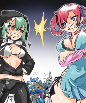 2boys 2girls absurdres angry bikini bikini_top_only blue_eyes breasts cleavage digimon digimon_story:_cyber_sleuth dress eye_contact goggles green_hair highres hood jewelry large_breasts looking_at_another midriff multiple_boys multiple_girls necklace omegamon orange_eyes red_hair shinomiya_rina shiramine_nokia sparks swimsuit ulforcev-dramon wide_hips