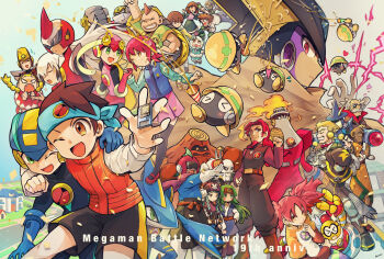 &gt;_&lt; 6+boys 6+girls absurdres angry anniversary arm_up balding bass.exe_(mega_man) black_bodysuit black_hair black_pants black_thighhighs blonde_hair blue_eyes blue_headband blue_helmet blue_jacket bodysuit braid brown_cloak brown_hair character_request check_character clenched_hand cloak closed_eyes colored_skin colorman.exe commentary_request copyright_name count_zap_(mega_man) dark-skinned_male dark_skin dex_oyama_(mega_man) dr._wily_(mega_man) elecman.exe eugene_chaud_(mega_man) facial_hair fangs fire fireman.exe glasses glide.exe_(mega_man) gloves goatee green_hair green_shirt grey_skin grin gutsman.exe headband heart helmet highres higsby_(mega_man) holding_hands hood hood_up horns house iceman.exe innertube jacket lan_hikari_(mega_man) lips long_hair long_sleeves magicman.exe mayl_sakurai_(mega_man) mega_man_(series) mega_man_battle_network_(series) megaman.exe miyu_(mega_man) mohawk monocle mr._match_(mega_man) ms._madd_(mega_man) ms._mari_(mega_man) multiple_boys multiple_girls mustache one_eye_closed open_mouth orange_eyes outstretched_arm own_hands_together pants pantyhose parka party_popper pechka pink_bodysuit pink_hair protoman.exe raglan_sleeves red_eyes red_hair robot roll.exe_(mega_man) sal_(mega_man) sharkman.exe shirt short_hair skullman.exe smile striped_clothes striped_pantyhose swim_ring thighhighs tripping twin_braids twintails white_gloves white_shirt woodman.exe yahoot_(mega_man) yai_ayanokoji_(mega_man) yellow_helmet
