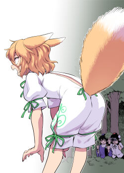 3girls animal_ears black_hair black_skirt blonde_hair blue_dress bodysuit bush camera dress fangs fox_ears fox_girl fox_tail from_behind fuuzasa hat hiding highres holding holding_camera iizunamaru_megumu kudamaki_tsukasa medium_hair multiple_girls pom_pom_(clothes) scared shameimaru_aya sharp_teeth shirt short_sleeves skirt tail taking_picture teeth tokin_hat touhou tree white_bodysuit white_shirt