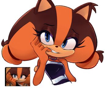 1girl animal_ears ben_sadfleck black_dress blue_eyes brown_fur dress finger_bite furry furry_female highres orange_fur reference_inset simple_background solo sonic_(series) sonic_boom_(series) sticks'_finger_bite_(meme) sticks_the_badger strapless strapless_dress two-tone_fur upper_body white_background