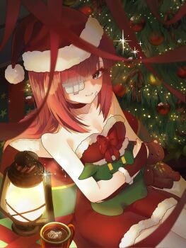 1girl bandage_over_one_eye bare_shoulders christmas_tree commentary english_commentary eyepatch gnome_(project_moon) grey_eyes hat highres lantern limbus_company project_moon red_hair red_ribbon ribbon salgaoli83428 santa_costume santa_hat sleeveless smile yuri_(project_moon)