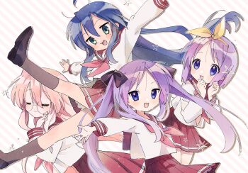 4girls :3 :d ahoge black_bow blue_eyes blue_hair bow bad_tag glasses green_eyes hair_bow highres hiiragi_kagami hiiragi_tsukasa izumi_konata long_hair lucky_star mole mole_under_eye multiple_girls open_mouth pink_hair purple_hair round_eyewear ryouou_school_uniform school_uniform shadow short_hair siblings sisters smile star_(symbol) striped_background takara_miyuki tareme trt_rsp tsurime twins twintails