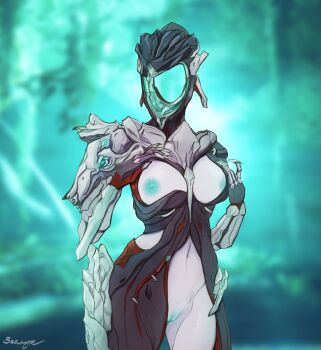 1girl absurdres areola_slip artist_name blurry blurry_background breasts colored_skin cowboy_shot dagath_(warframe) female_focus glowing highres hole_in_face humanoid_robot medium_breasts nipples no_panties one_breast_out pussy robot searyn signature solo standing warframe white_skin