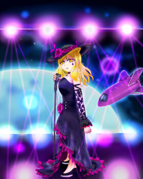 1girl arm_ribbon artist_name artist_request bare_legs bare_shoulders black_choker black_detached_collar black_dress black_feathers black_footwear black_headwear black_nails black_skirt blonde_hair blush bosu_amato braid breasts brown_eyes choker cleavage collarbone cross-laced_clothes cross-laced_dress crown_braid dress earrings earth_(planet) elbow_sleeves feathers female_focus flower full_body guilty_kiss_(love_live!) hair_rings high_heels holding holding_microphone_stand jewelry looking_at_viewer love_live! love_live!_school_idol_festival love_live!_sunshine!! medium_breasts microphone_stand nail_polish nails new_romantic_sailors ohara_mari parted_lips planet purple_flower ribbon short_hair skirt solo space spaceship star_(symbol) star_tattoo tattoo yellow_eyes