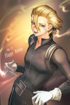 1boy absurdres belt birthday black_belt black_bodysuit black_lips blonde_hair bodysuit cigarette collar collarbone commentary_request dated dr._stone facial_mark gloves hair_between_eyes happy_birthday highres holding holding_cigarette long_sleeves looking_at_viewer makeup male_focus mascara okkobc parted_lips runny_makeup short_hair smile smoke smoking solo stanley_snyder_(dr.stone) white_gloves yellow_eyes zipper