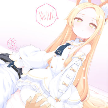 1boy 1girl :/ animal_ear_fluff animal_ears bare_shoulders belt black_belt black_necktie black_pantyhose blonde_hair blue_archive blue_necktie blush bow buttons closed_mouth commentary_request covered_erect_nipples detached_sleeves dot_nose dress dutch_angle ear_wreath extra_ears flat_chest flower forehead fox_ears fox_girl fox_tail frilled_dress frills gradient_background gradient_eyes hair_flower hair_ornament hair_over_shoulder halo handjob hetero highres implied_handjob loli long_hair long_sidelocks long_sleeves looking_at_viewer motion_lines multicolored_eyes necktie pantyhose pink_background pout sailor_collar school_uniform seia_(blue_archive) sensei_(blue_archive) shirt shirt_tucked_in short_necktie sidelocks simple_background sleeve_bow sleevejob sleeveless sleeveless_dress sleeves_past_fingers sleeves_past_wrists solo_focus sound_effects spoken_blush spoken_sweatdrop sweat sweatdrop tail very_long_hair watarui white_bow white_dress white_pantyhose white_sailor_collar white_shirt yellow_bow yellow_eyes yellow_halo