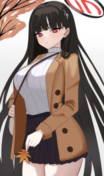 1girl absurdres bag black_hair blue_archive blunt_bangs breasts coat commentary_request hair_ornament hairclip halo handbag highres holding holding_leaf large_breasts leaf long_hair looking_at_viewer maple_leaf parted_lips pleated_skirt ribbed_sweater rio_(blue_archive) simple_background skirt solo sweater touyu_kamimori tree turtleneck turtleneck_sweater very_long_hair white_background white_sweater winter_clothes winter_coat