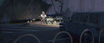 1girl animal_hood bird black_shirt black_skirt blurry blurry_foreground boots bridge broken_bridge car chest_strap chromatic_aberration city commentary different_shadow english_commentary flock fog highres hood hood_up hooded_jacket jacket knee_boots lamppost long_sleeves military_jeep motor_vehicle nack night original outdoors outstretched_arms partially_unzipped penguin penguin_hood puffy_long_sleeves puffy_sleeves rebar rubble ruins shadow shirt skirt sleeveless sleeveless_shirt solo spread_arms traffic_barrier traffic_cone white_jacket wide_shot zipper_pull_tab