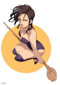 absurdres artist_name breasts brown_hair cleavage closed_mouth collarbone highres leotard looking_at_viewer looking_back medium_breasts medium_hair merlin_(nanatsu_no_taizai) nanatsu_no_taizai signature solo staff stayaliveplz thighhighs yellow_eyes