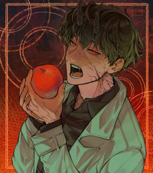 Rule 34 | 1boy, apple, black hair, black shirt, coat, colored veins, commentary, cowboy shot, demon horns, food, fruit, highres, holding, holding food, holding fruit, horns, kim dokja, looking at viewer, male focus, nadardoh, official alternate costume, omniscient reader's viewpoint, open clothes, open coat, open mouth, own hands together, red eyes, saliva, shirt, short hair, solo, symbol-only commentary, upper body, white coat